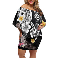 Hawaiian Tropical Plumeria Turtles Off Shoulder Short Dress Polynesian Art Tattoo