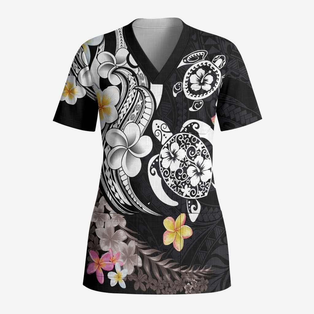 Hawaiian Tropical Plumeria Turtles Scrub Top Polynesian Art Tattoo LT03 Adult Black - Polynesian Pride