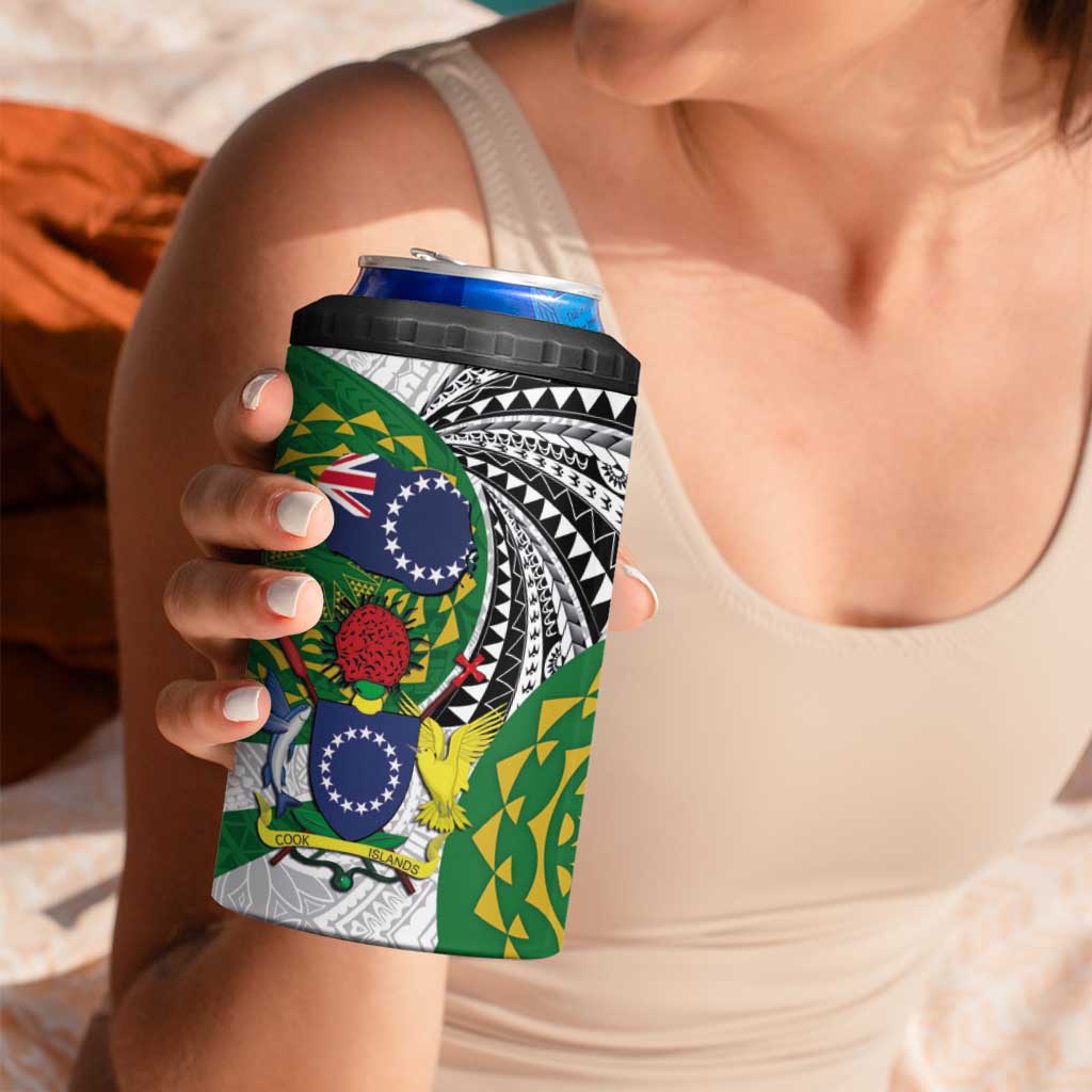 Cook Islands Independence Day 4 in 1 Can Cooler Tumbler National Flag and Emblem with Tatau Tattoo