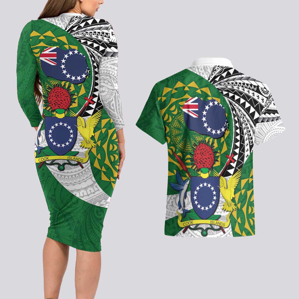 Cook Islands Independence Day Couples Matching Long Sleeve Bodycon Dress and Hawaiian Shirt National Flag and Emblem with Tatau Tattoo