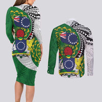 Cook Islands Independence Day Couples Matching Long Sleeve Bodycon Dress and Long Sleeve Button Shirt National Flag and Emblem with Tatau Tattoo