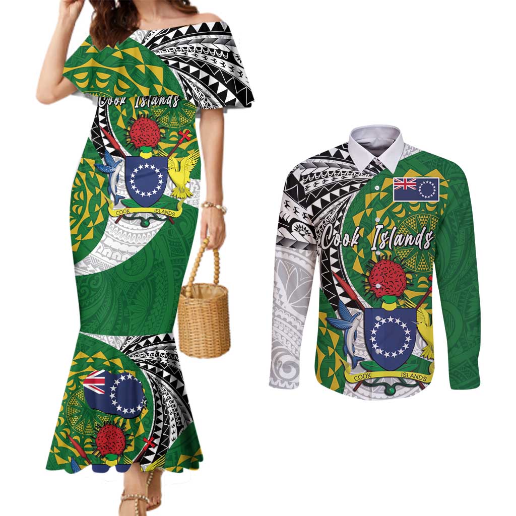 Cook Islands Independence Day Couples Matching Mermaid Dress and Long Sleeve Button Shirt National Flag and Emblem with Tatau Tattoo