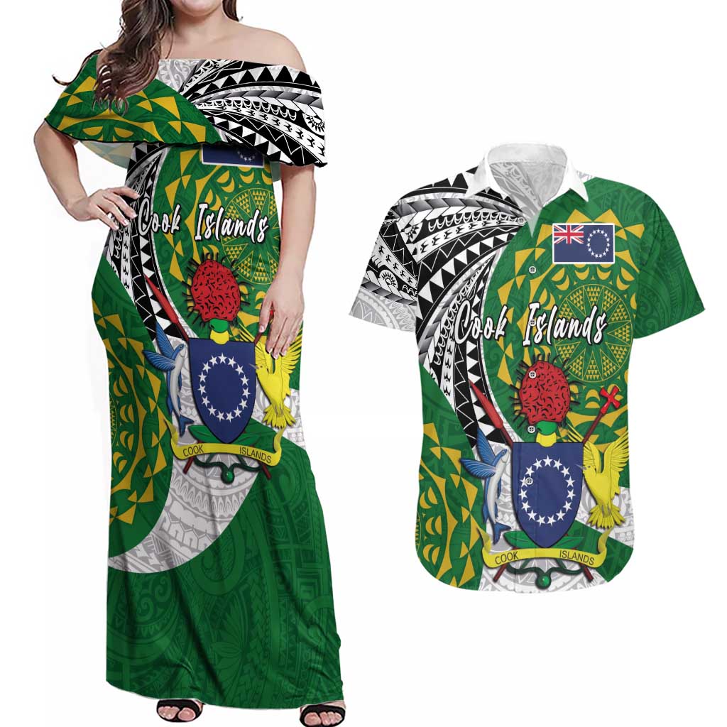 Cook Islands Independence Day Couples Matching Off Shoulder Maxi Dress and Hawaiian Shirt National Flag and Emblem with Tatau Tattoo