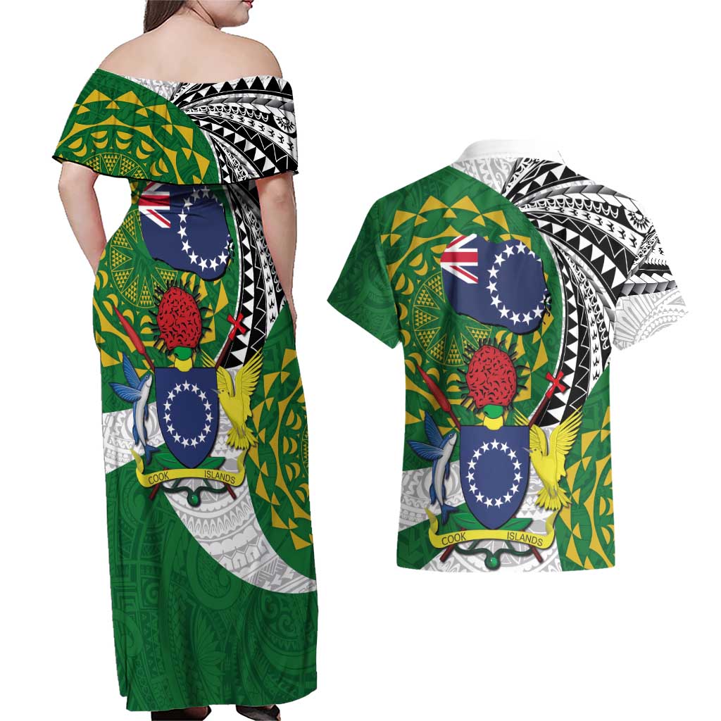 Cook Islands Independence Day Couples Matching Off Shoulder Maxi Dress and Hawaiian Shirt National Flag and Emblem with Tatau Tattoo