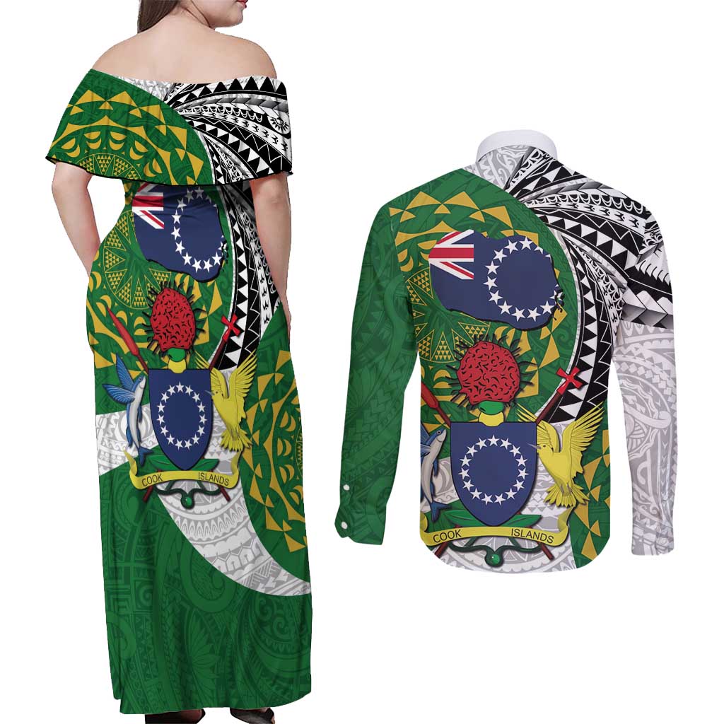 Cook Islands Independence Day Couples Matching Off Shoulder Maxi Dress and Long Sleeve Button Shirt National Flag and Emblem with Tatau Tattoo