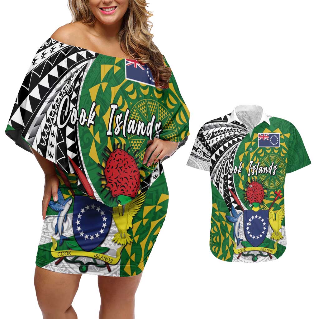 Cook Islands Independence Day Couples Matching Off Shoulder Short Dress and Hawaiian Shirt National Flag and Emblem with Tatau Tattoo
