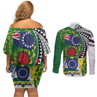 Cook Islands Independence Day Couples Matching Off Shoulder Short Dress and Long Sleeve Button Shirt National Flag and Emblem with Tatau Tattoo