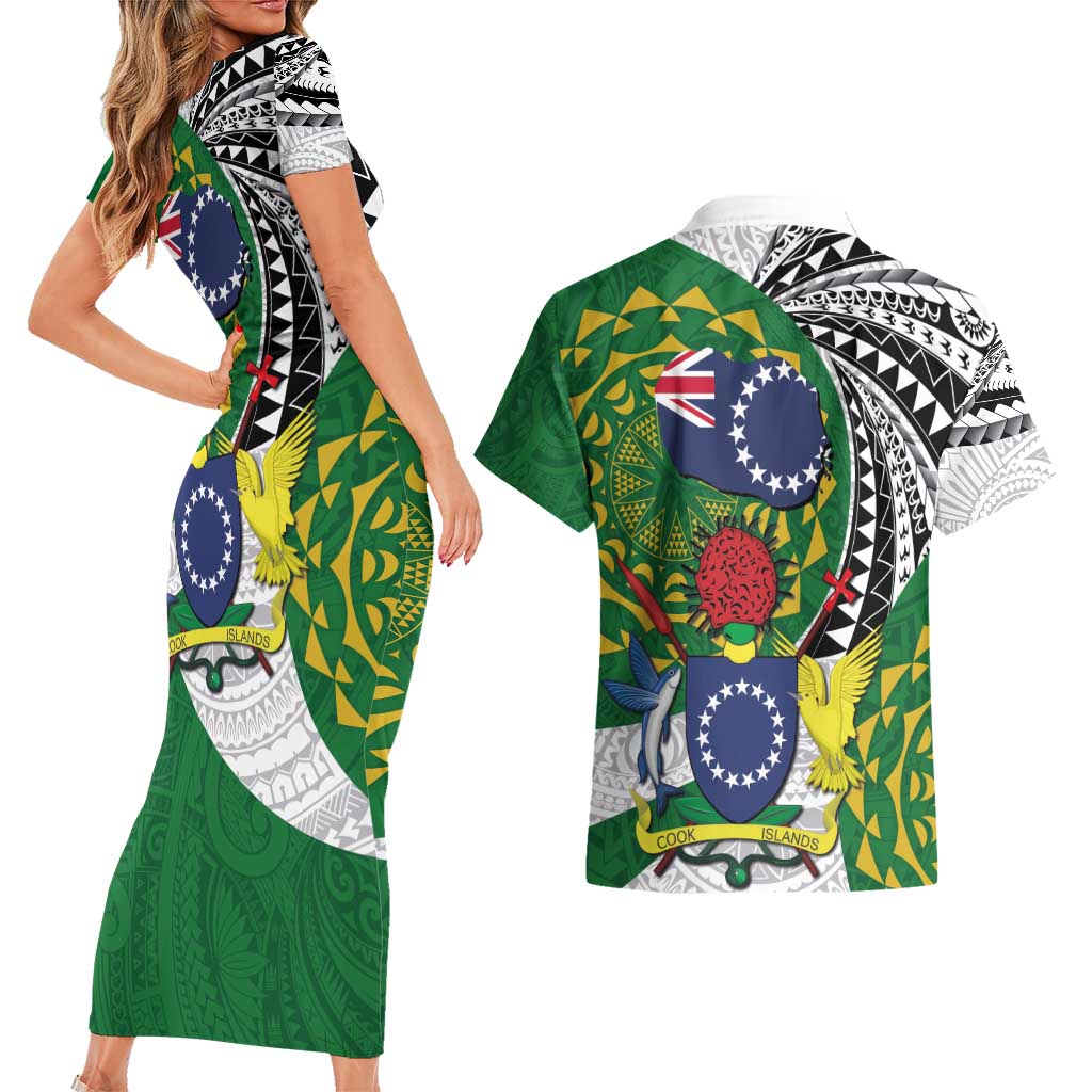 Cook Islands Independence Day Couples Matching Short Sleeve Bodycon Dress and Hawaiian Shirt National Flag and Emblem with Tatau Tattoo