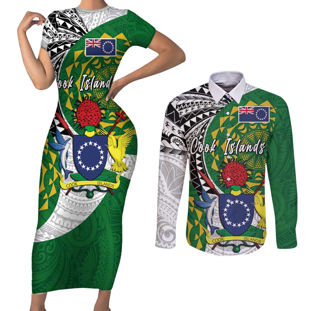 Cook Islands Independence Day Couples Matching Short Sleeve Bodycon Dress and Long Sleeve Button Shirt National Flag and Emblem with Tatau Tattoo