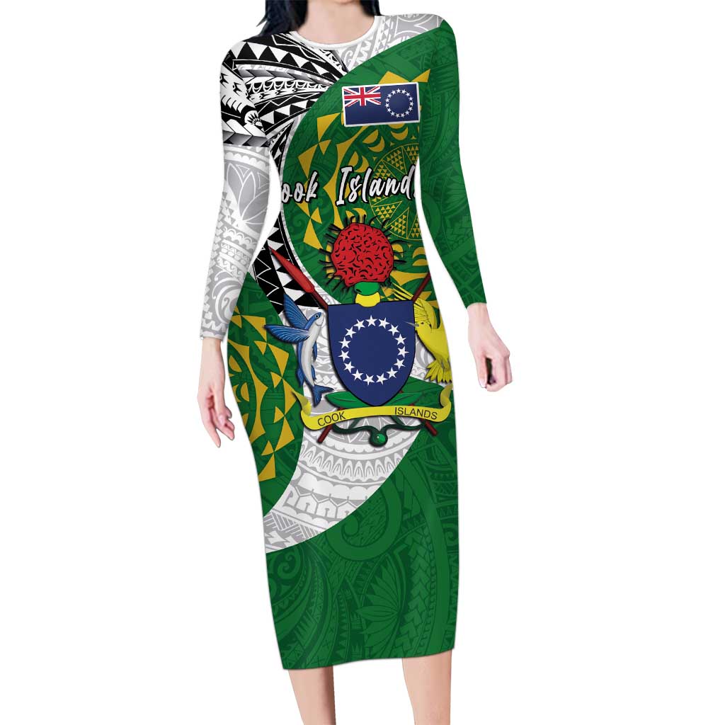 Cook Islands Independence Day Family Matching Long Sleeve Bodycon Dress and Hawaiian Shirt National Flag and Emblem with Tatau Tattoo