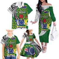 Cook Islands Independence Day Family Matching Off The Shoulder Long Sleeve Dress and Hawaiian Shirt National Flag and Emblem with Tatau Tattoo