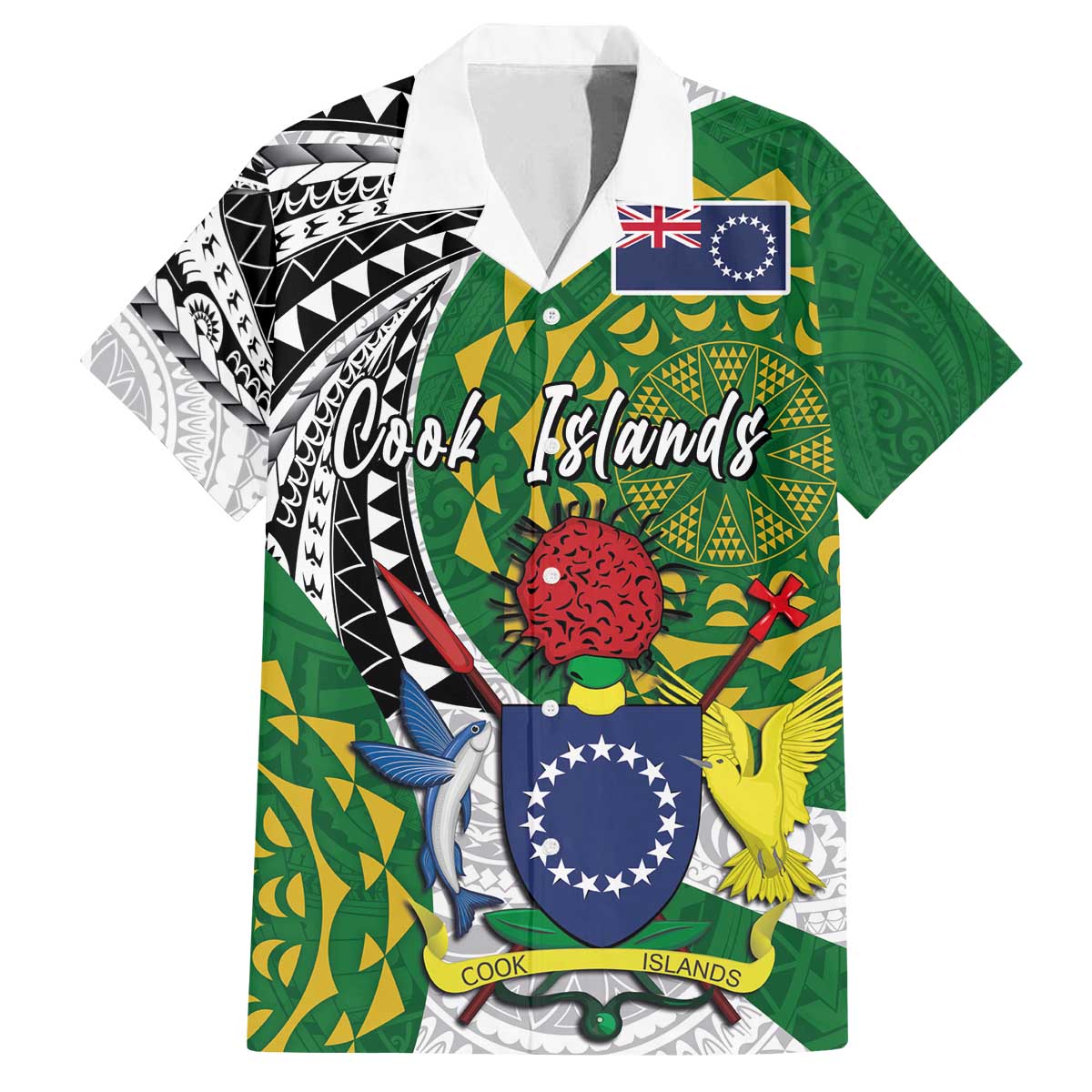 Cook Islands Independence Day Family Matching Off The Shoulder Long Sleeve Dress and Hawaiian Shirt National Flag and Emblem with Tatau Tattoo