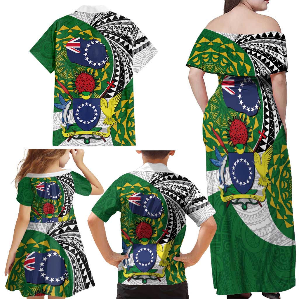 Cook Islands Independence Day Family Matching Off Shoulder Maxi Dress and Hawaiian Shirt National Flag and Emblem with Tatau Tattoo