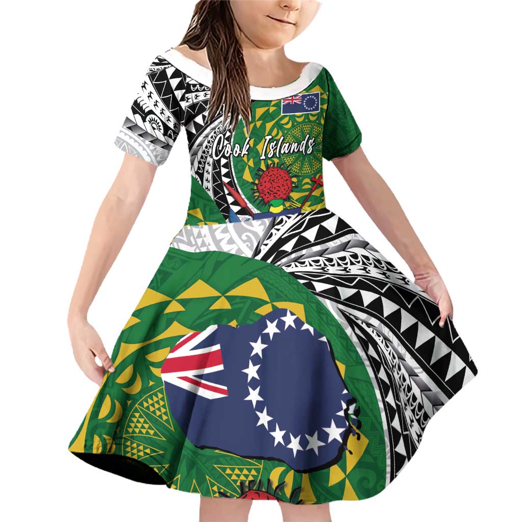 Cook Islands Independence Day Family Matching Off Shoulder Short Dress and Hawaiian Shirt National Flag and Emblem with Tatau Tattoo