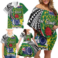 Cook Islands Independence Day Family Matching Off Shoulder Short Dress and Hawaiian Shirt National Flag and Emblem with Tatau Tattoo
