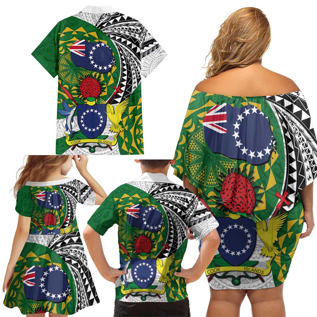 Cook Islands Independence Day Family Matching Off Shoulder Short Dress and Hawaiian Shirt National Flag and Emblem with Tatau Tattoo