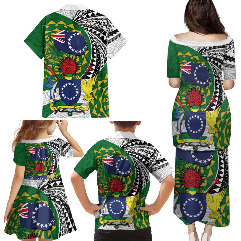 Cook Islands Independence Day Family Matching Puletasi and Hawaiian Shirt National Flag and Emblem with Tatau Tattoo