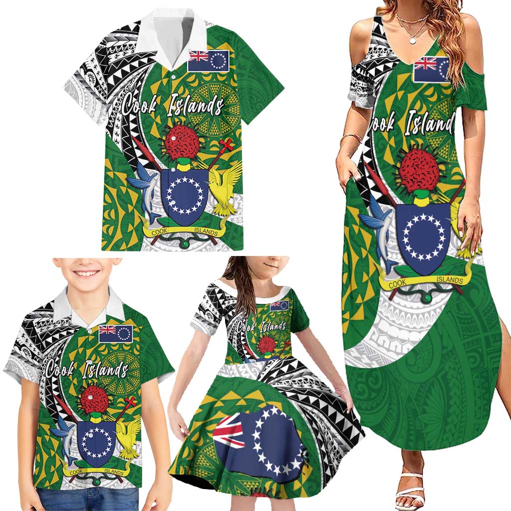 Cook Islands Independence Day Family Matching Summer Maxi Dress and Hawaiian Shirt National Flag and Emblem with Tatau Tattoo