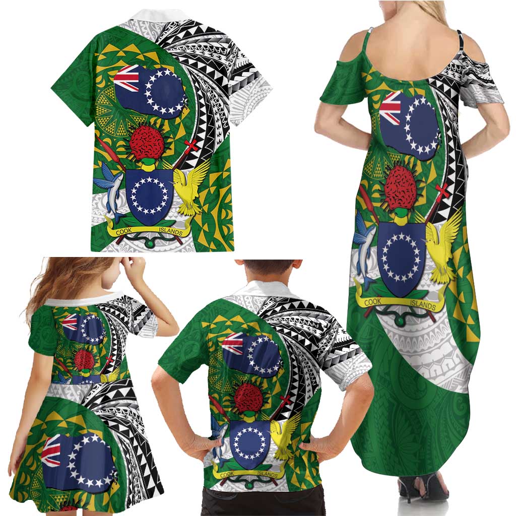 Cook Islands Independence Day Family Matching Summer Maxi Dress and Hawaiian Shirt National Flag and Emblem with Tatau Tattoo