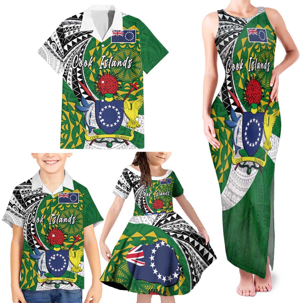 Cook Islands Independence Day Family Matching Tank Maxi Dress and Hawaiian Shirt National Flag and Emblem with Tatau Tattoo