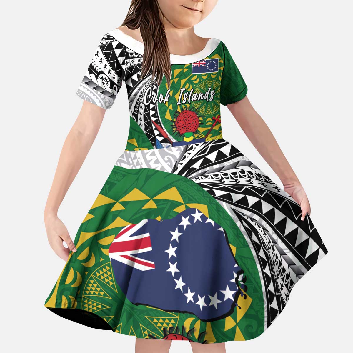 Cook Islands Independence Day Kid Short Sleeve Dress National Flag and Emblem with Tatau Tattoo