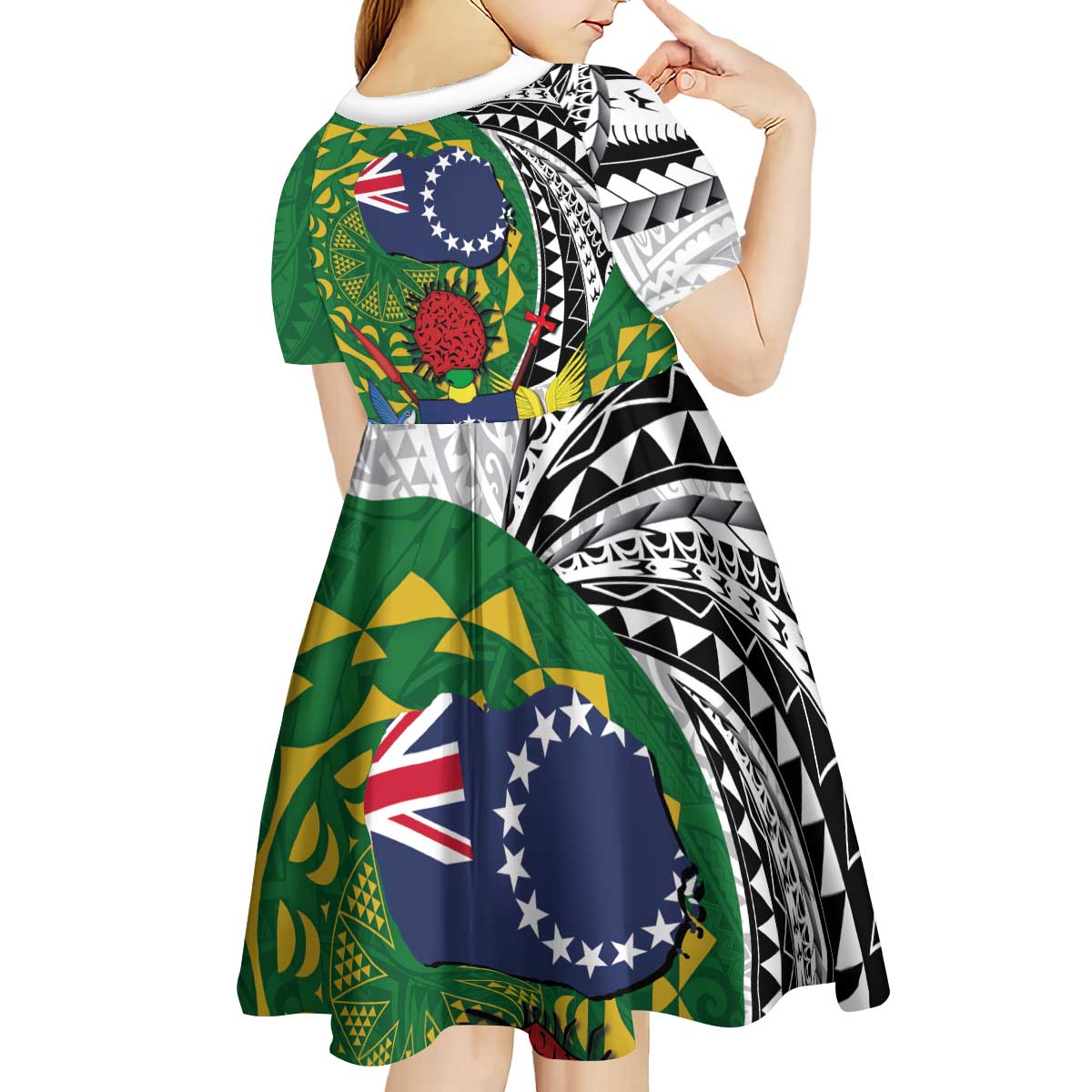 Cook Islands Independence Day Kid Short Sleeve Dress National Flag and Emblem with Tatau Tattoo