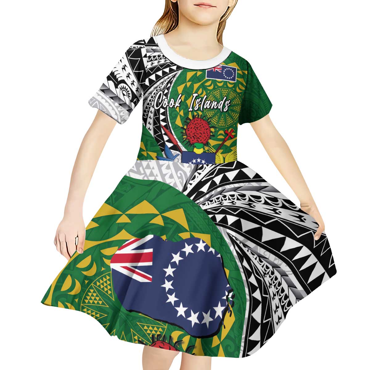 Cook Islands Independence Day Kid Short Sleeve Dress National Flag and Emblem with Tatau Tattoo