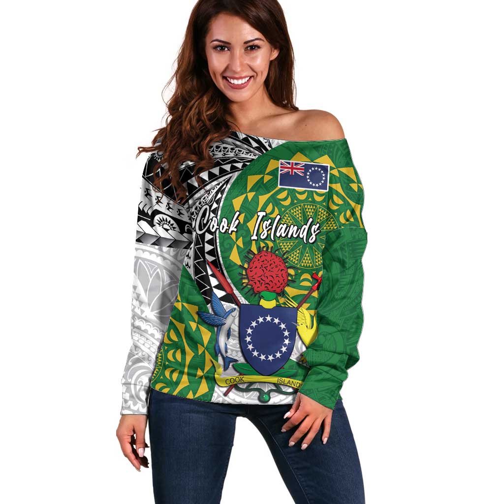 Cook Islands Independence Day Off Shoulder Sweater National Flag and Emblem with Tatau Tattoo