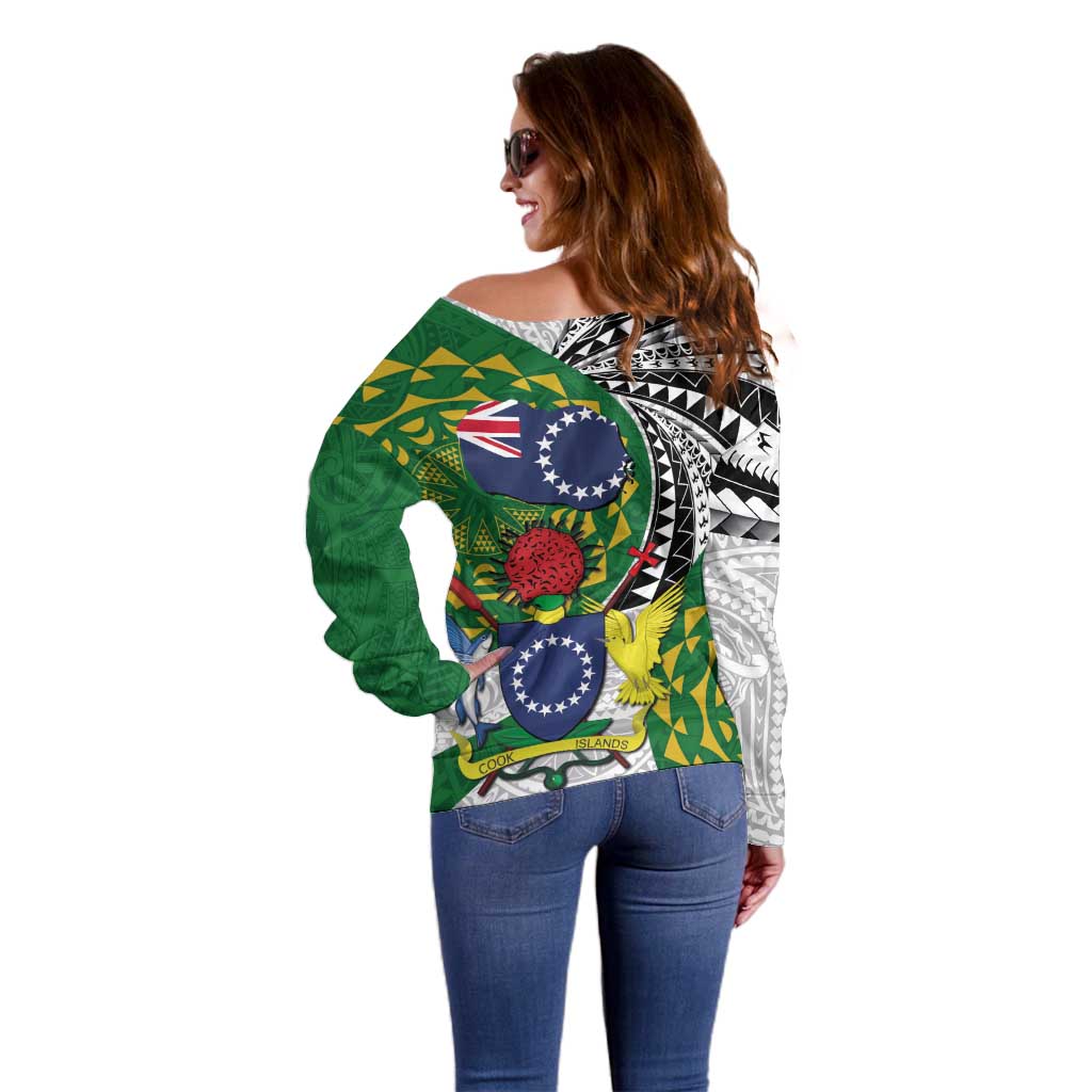 Cook Islands Independence Day Off Shoulder Sweater National Flag and Emblem with Tatau Tattoo