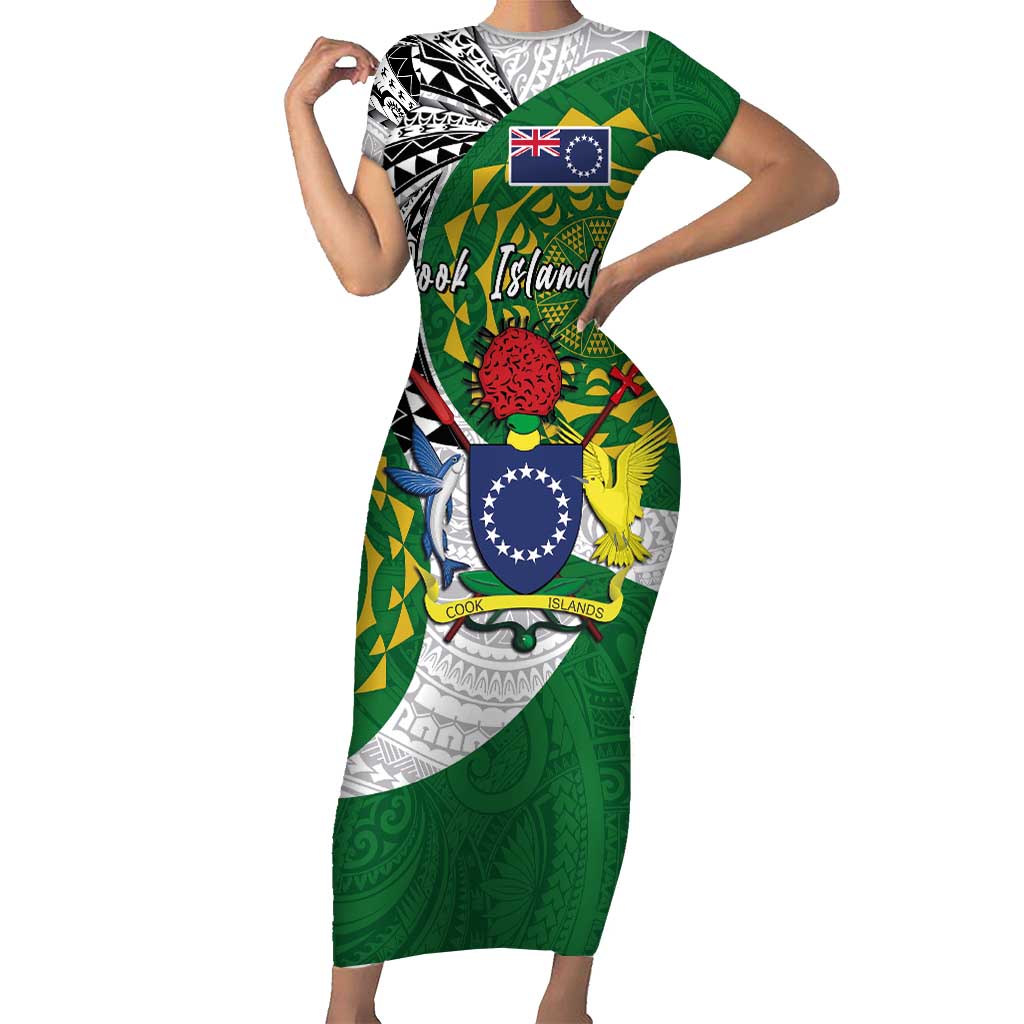 Cook Islands Independence Day Short Sleeve Bodycon Dress National Flag and Emblem with Tatau Tattoo