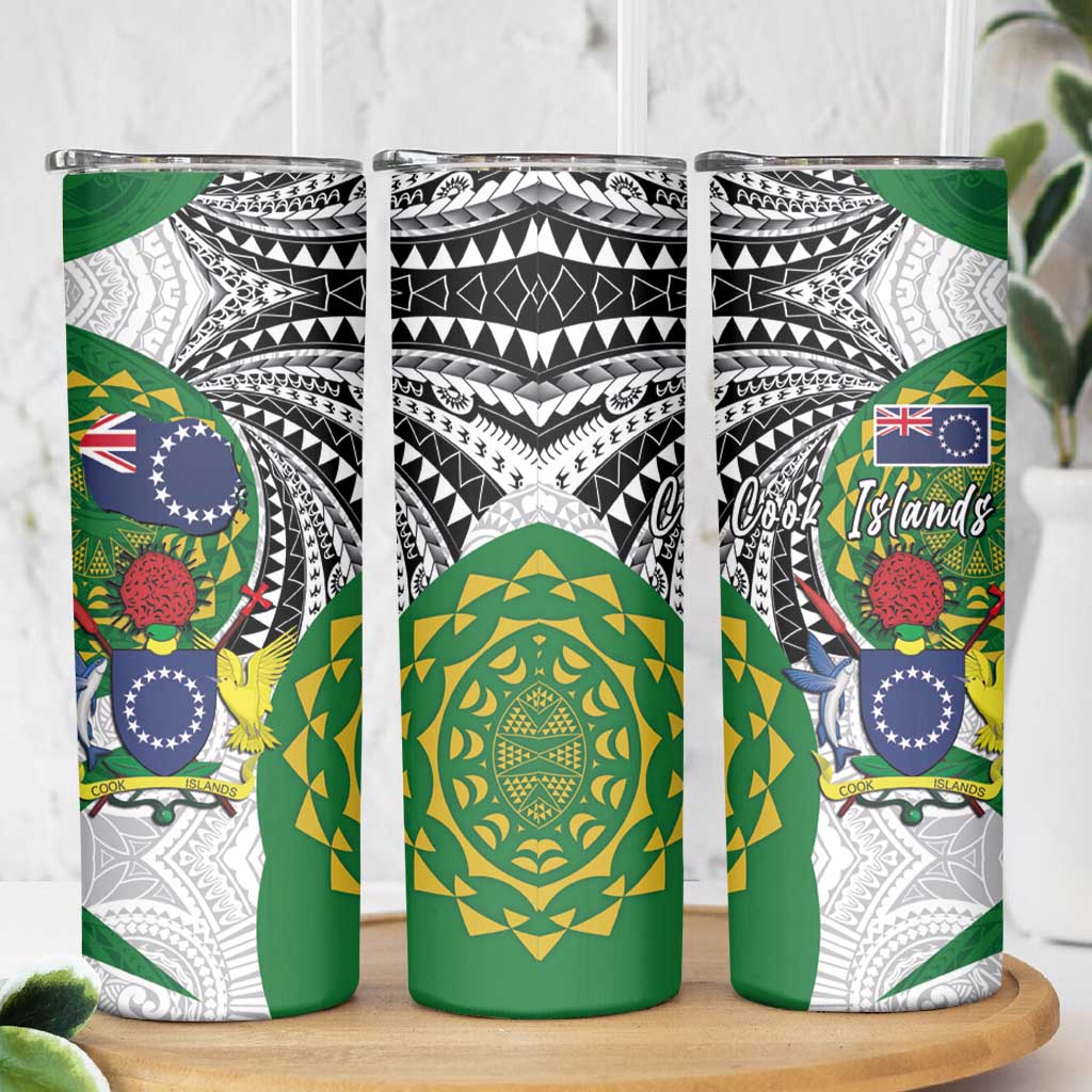 Cook Islands Independence Day Skinny Tumbler National Flag and Emblem with Tatau Tattoo