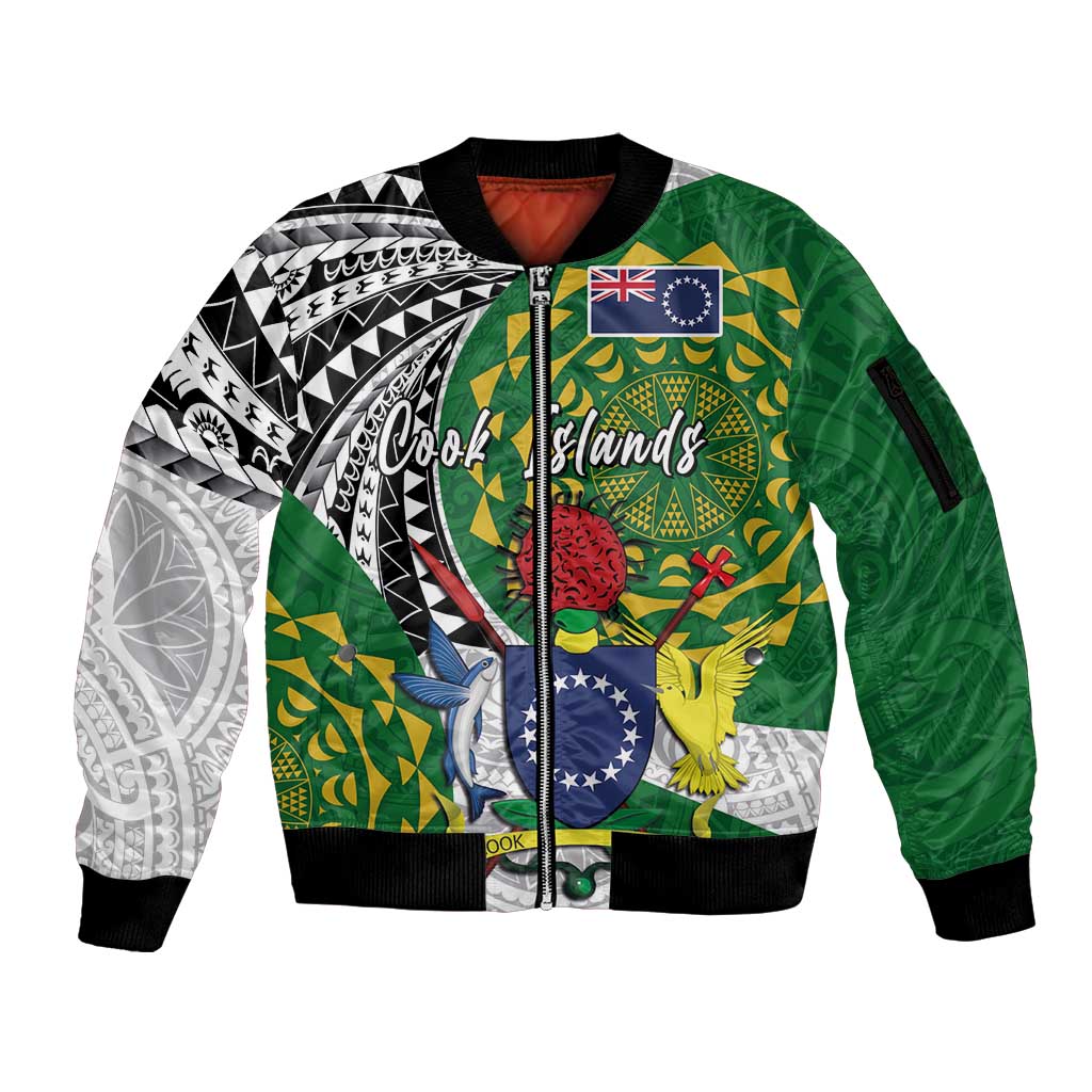 Cook Islands Independence Day Sleeve Zip Bomber Jacket National Flag and Emblem with Tatau Tattoo