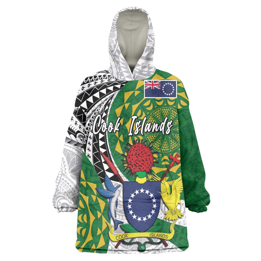 Cook Islands Independence Day Wearable Blanket Hoodie National Flag and Emblem with Tatau Tattoo
