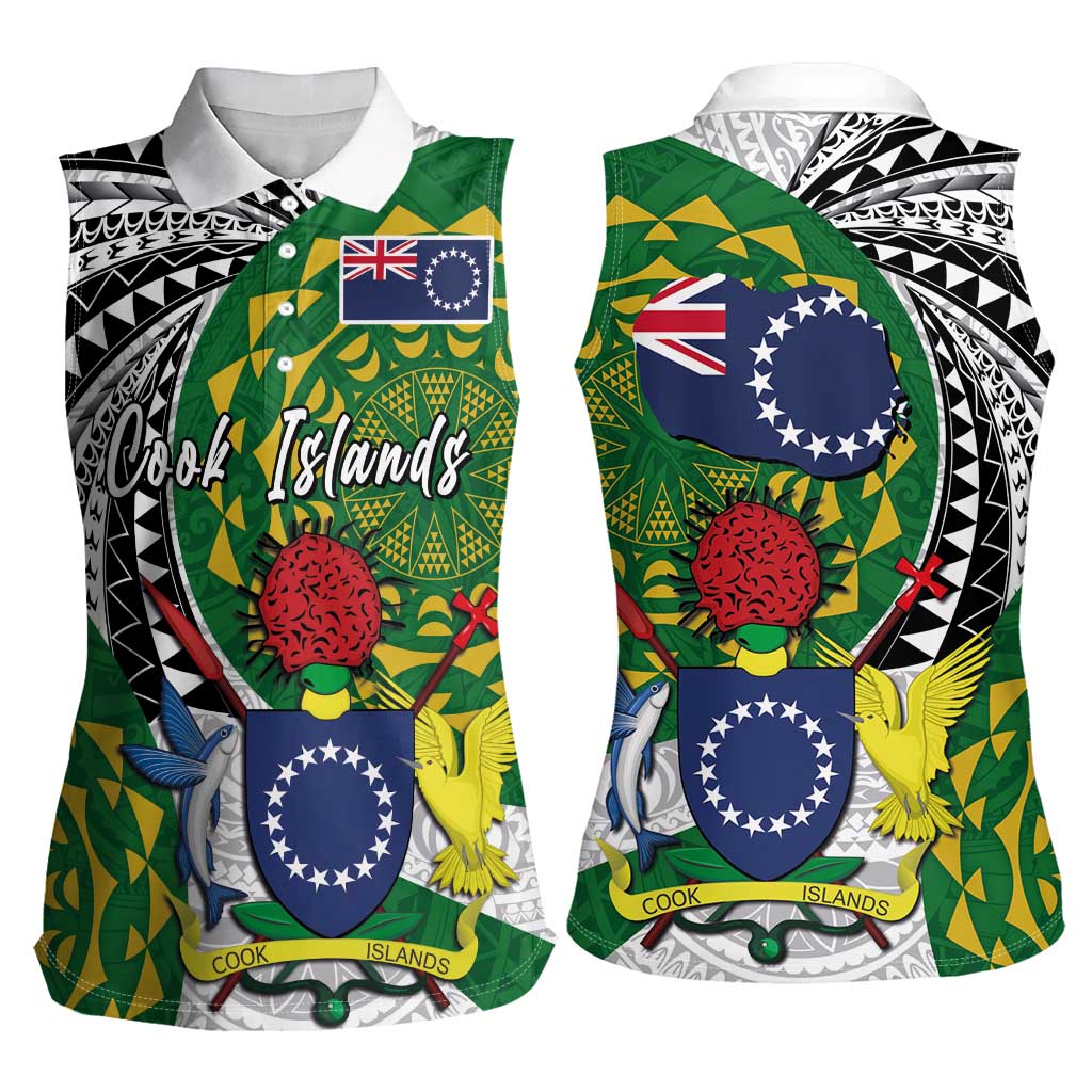 Cook Islands Independence Day Women Sleeveless Polo Shirt National Flag and Emblem with Tatau Tattoo