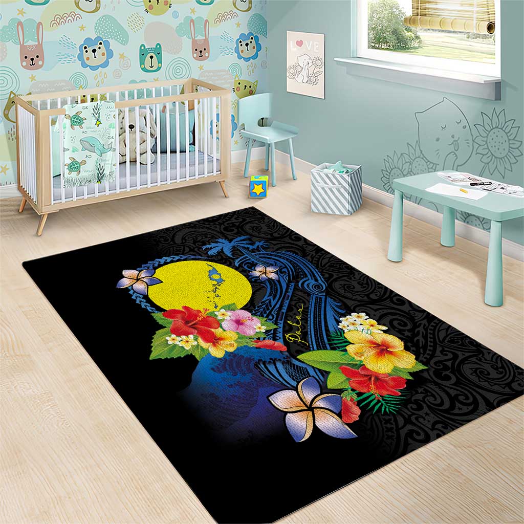 Palau Independence Day Area Rug Melanesian Tattoo with Hibiscus