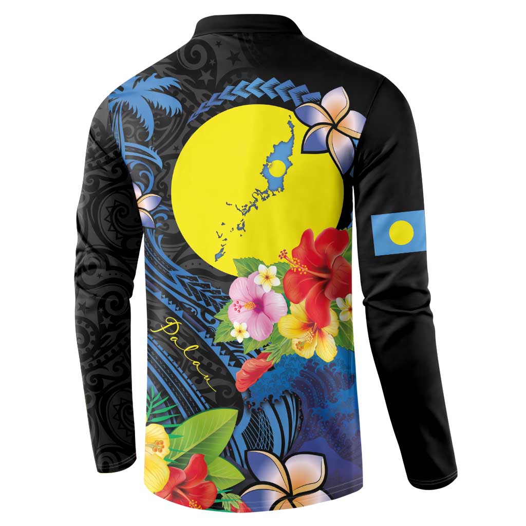 Palau Independence Day Button Sweatshirt Melanesian Tattoo with Hibiscus