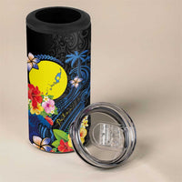 Palau Independence Day 4 in 1 Can Cooler Tumbler Melanesian Tattoo with Hibiscus