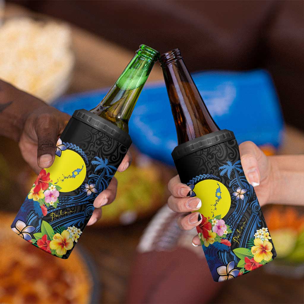 Palau Independence Day 4 in 1 Can Cooler Tumbler Melanesian Tattoo with Hibiscus