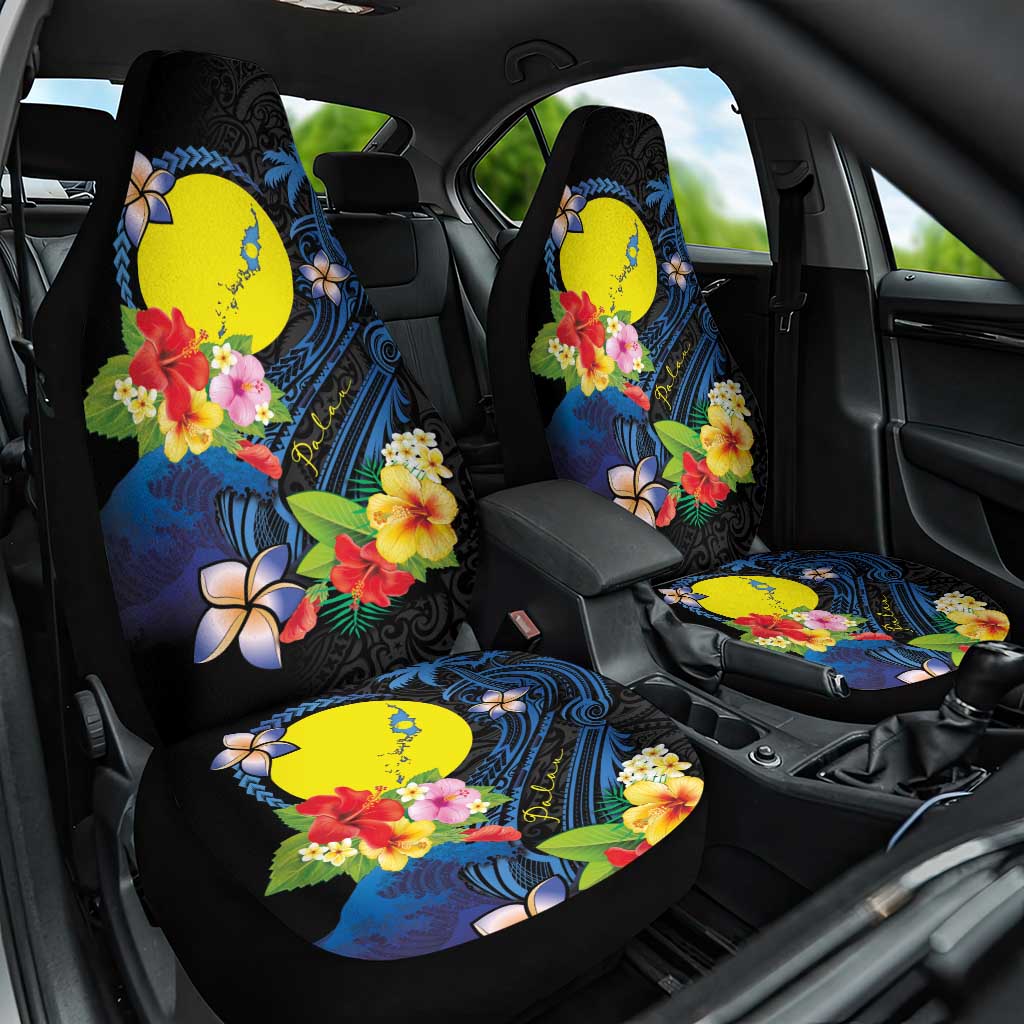 Palau Independence Day Car Seat Cover Melanesian Tattoo with Hibiscus
