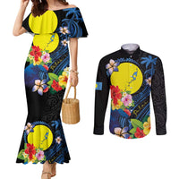 Palau Independence Day Couples Matching Mermaid Dress and Long Sleeve Button Shirt Melanesian Tattoo with Hibiscus