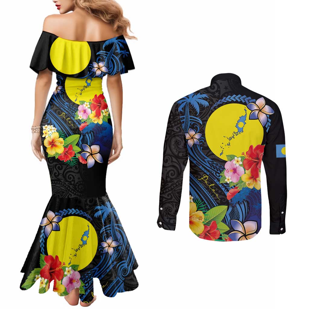 Palau Independence Day Couples Matching Mermaid Dress and Long Sleeve Button Shirt Melanesian Tattoo with Hibiscus