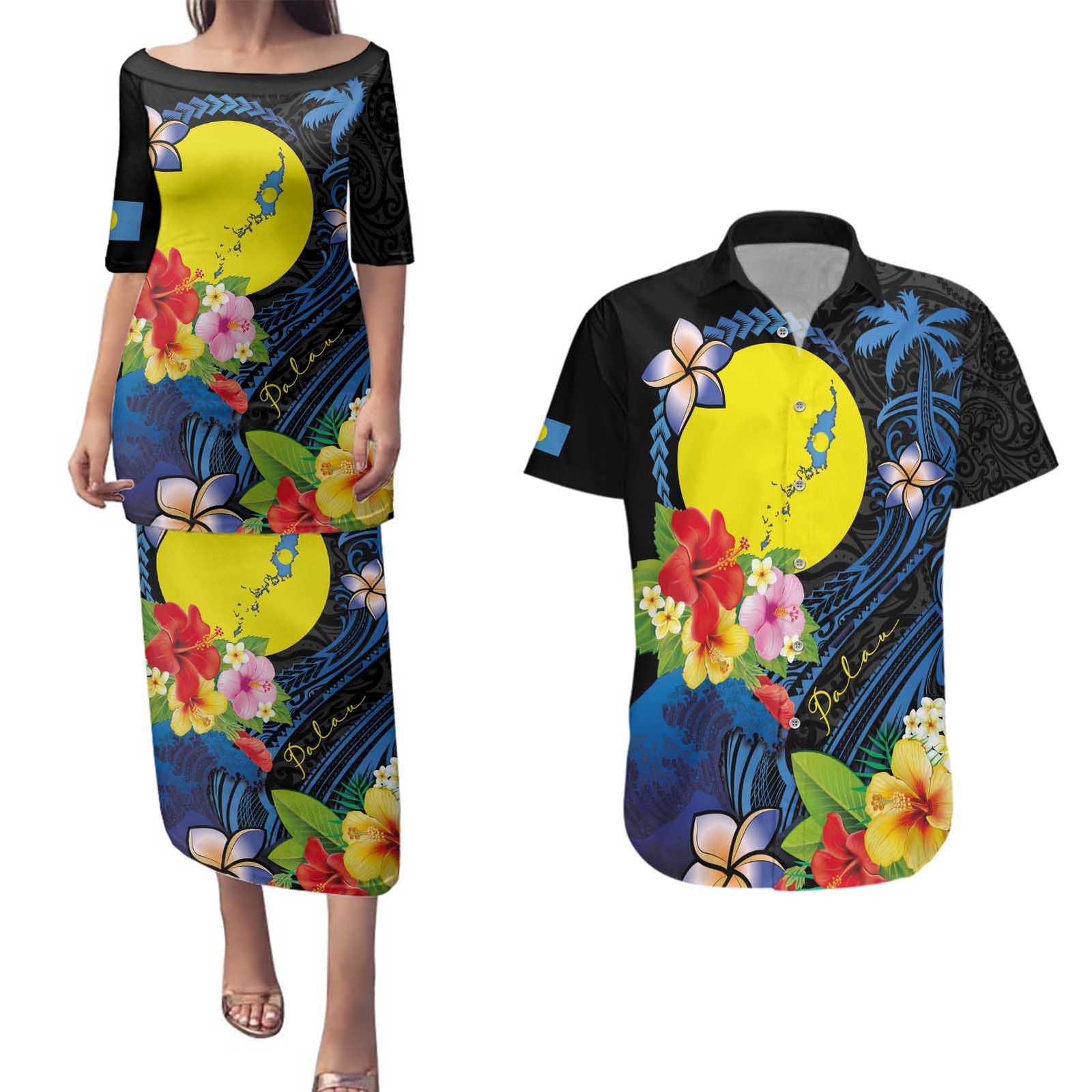 Palau Independence Day Couples Matching Puletasi and Hawaiian Shirt Melanesian Tattoo with Hibiscus