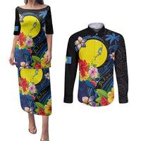 Palau Independence Day Couples Matching Puletasi and Long Sleeve Button Shirt Melanesian Tattoo with Hibiscus