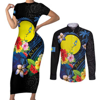 Palau Independence Day Couples Matching Short Sleeve Bodycon Dress and Long Sleeve Button Shirt Melanesian Tattoo with Hibiscus