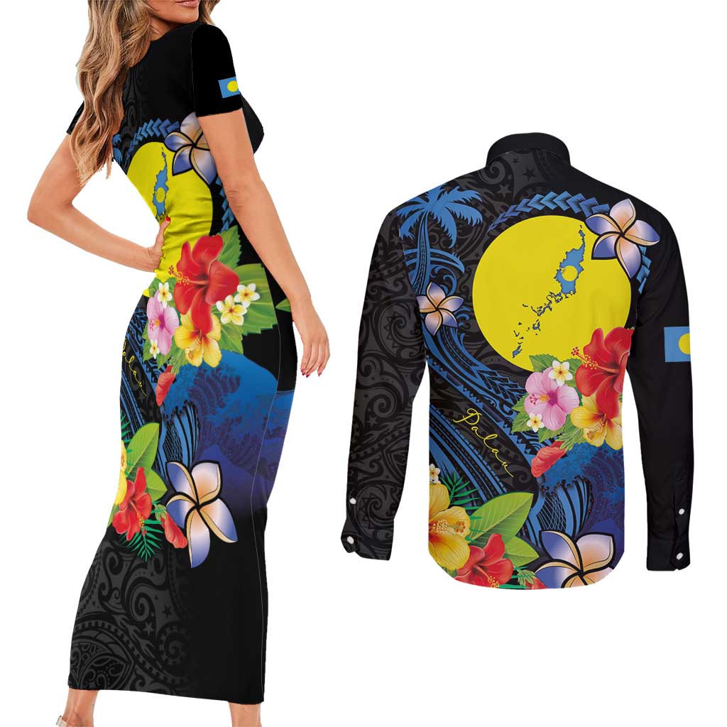 Palau Independence Day Couples Matching Short Sleeve Bodycon Dress and Long Sleeve Button Shirt Melanesian Tattoo with Hibiscus