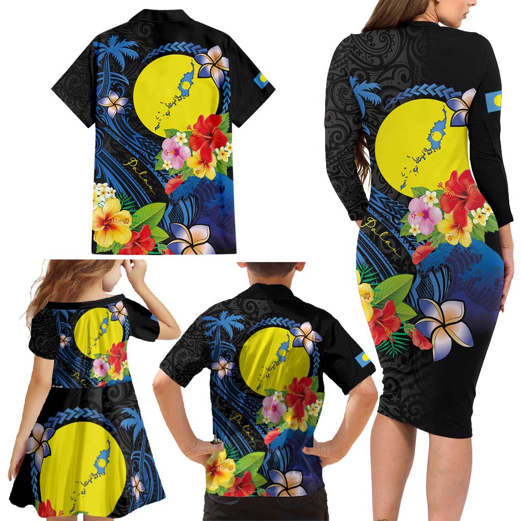 Palau Independence Day Family Matching Long Sleeve Bodycon Dress and Hawaiian Shirt Melanesian Tattoo with Hibiscus