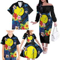 Palau Independence Day Family Matching Off The Shoulder Long Sleeve Dress and Hawaiian Shirt Melanesian Tattoo with Hibiscus