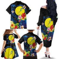 Palau Independence Day Family Matching Off The Shoulder Long Sleeve Dress and Hawaiian Shirt Melanesian Tattoo with Hibiscus