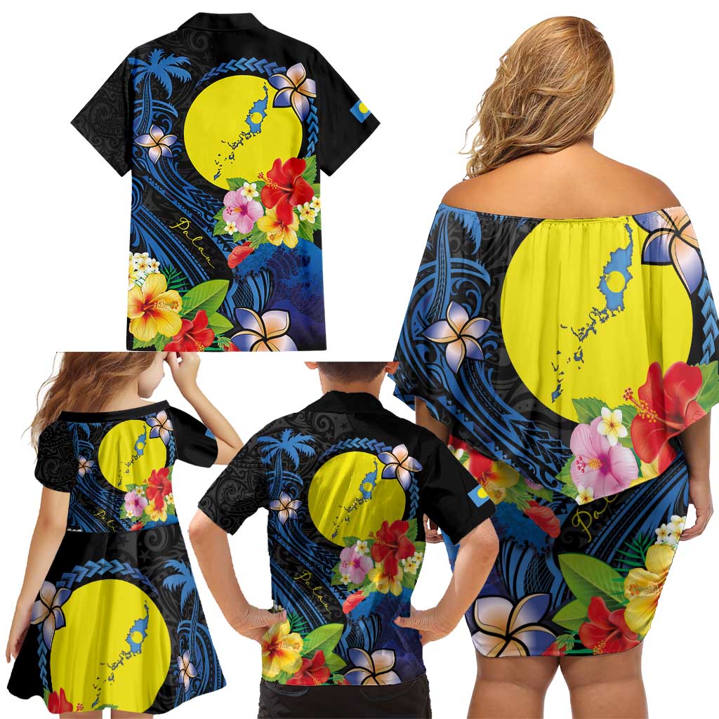 Palau Independence Day Family Matching Off Shoulder Short Dress and Hawaiian Shirt Melanesian Tattoo with Hibiscus