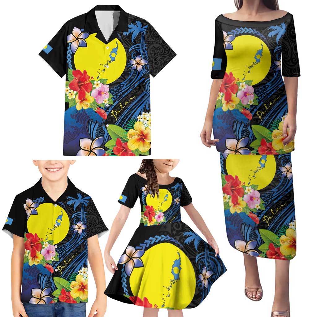 Palau Independence Day Family Matching Puletasi and Hawaiian Shirt Melanesian Tattoo with Hibiscus